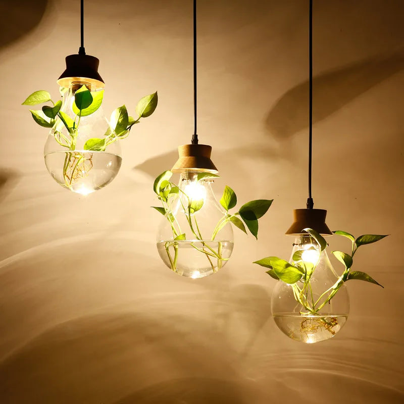 Modern Plant Pendant Light - Wood & Glass Bottle Decor for Restaurant, Bar, Cafe - E27 Hang Lamp