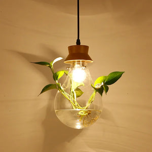 Modern Plant Pendant Light - Wood & Glass Bottle Decor for Restaurant, Bar, Cafe - E27 Hang Lamp