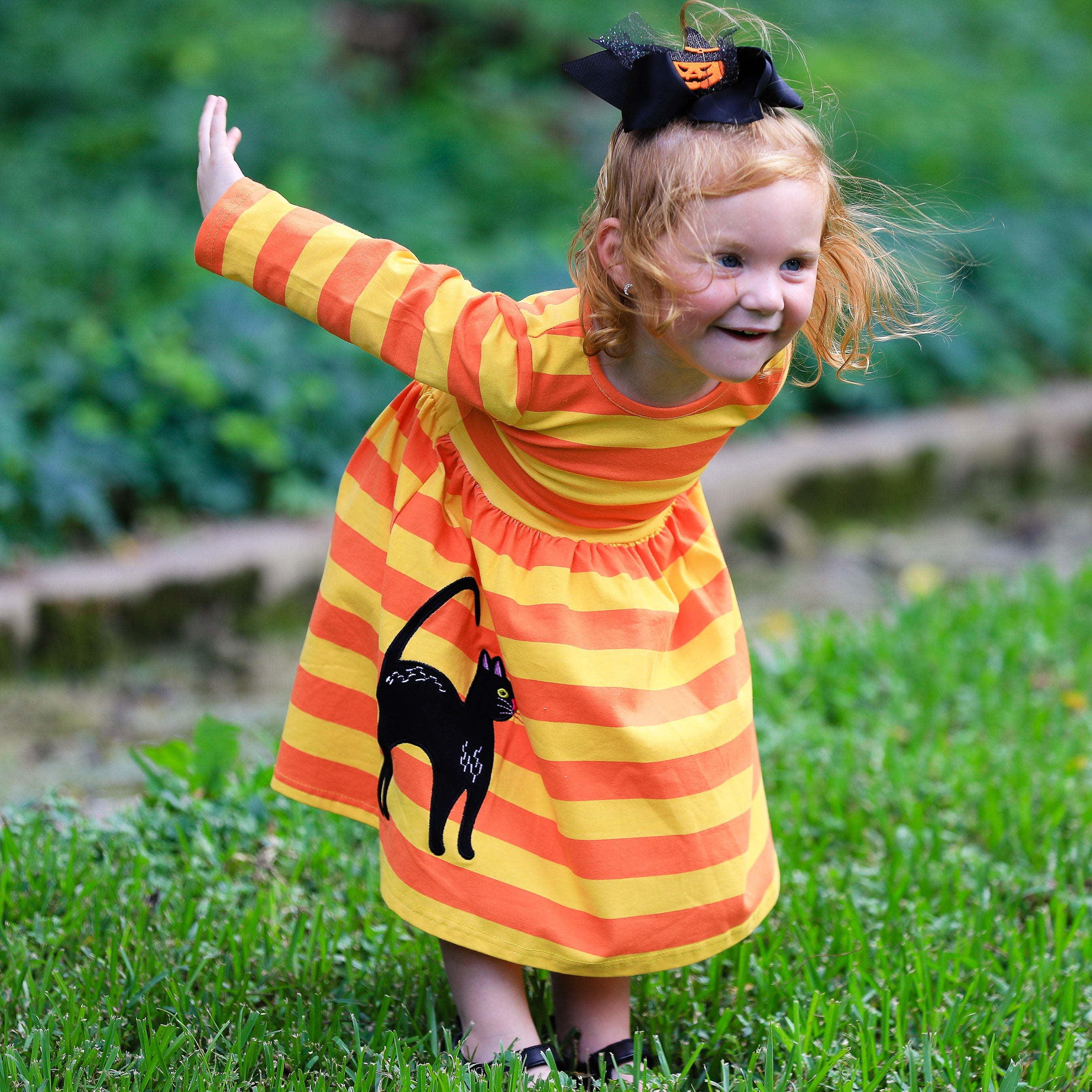 AnnLoren Girls Boutique Black Cat Orange Striped Halloween Dress-1