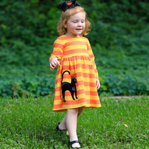 AnnLoren Girls Boutique Black Cat Orange Striped Halloween Dress-2