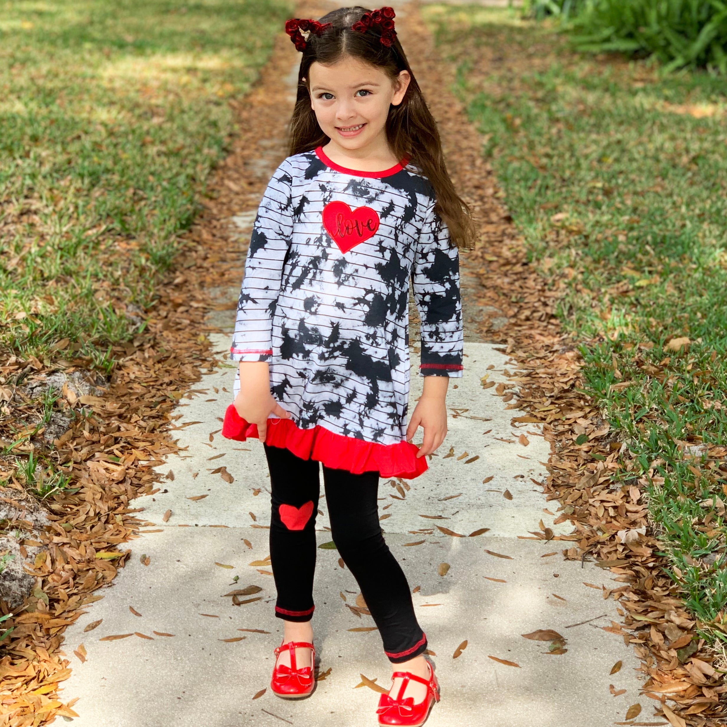 AnnLoren Girls Valentine's Day Heart Tie Dye Outfit Dress and Black Leggings-11