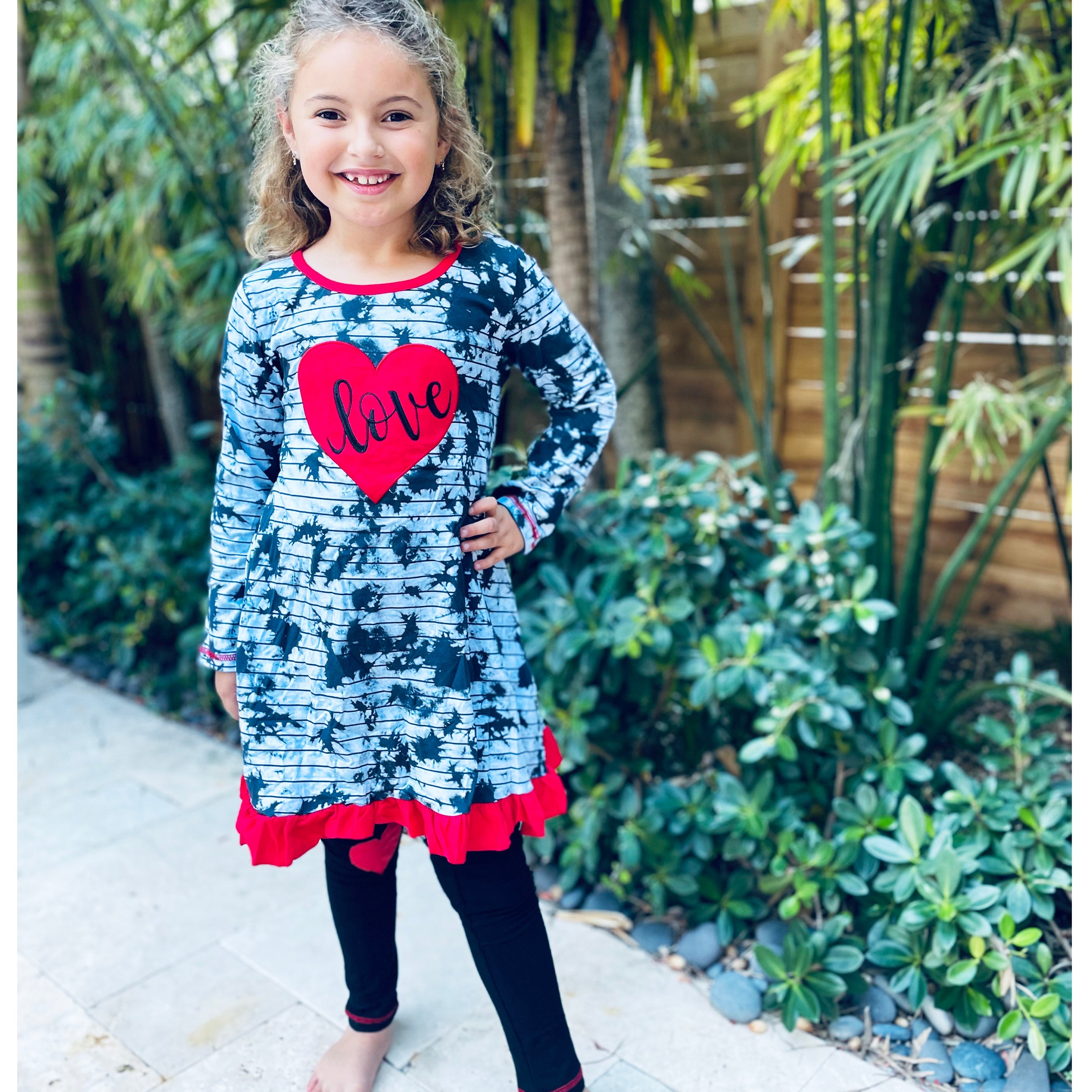 AnnLoren Girls Valentine's Day Heart Tie Dye Outfit Dress and Black Leggings-9