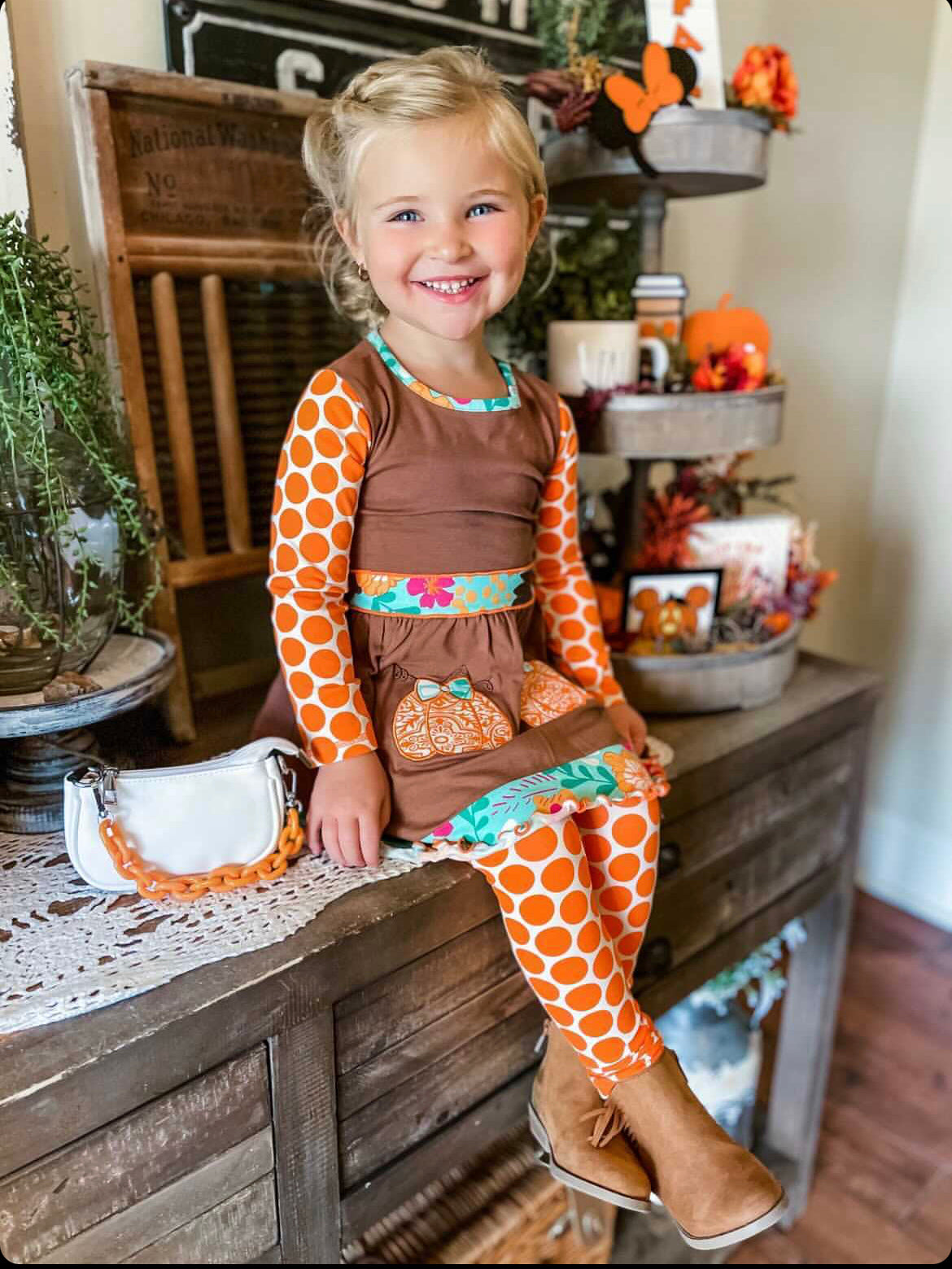 AnnLoren Girls Holiday Orange Pumpkin Patch Autumn Thanksgiving Dress & Leggings-9