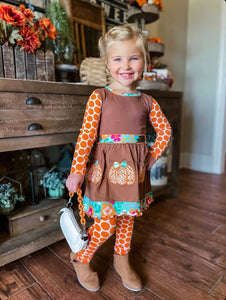 AnnLoren Girls Holiday Orange Pumpkin Patch Autumn Thanksgiving Dress & Leggings-8