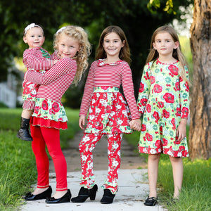 AnnLoren Little & Big Girls Boutique Red Christmas Floral Holiday Dress Legging Set-7