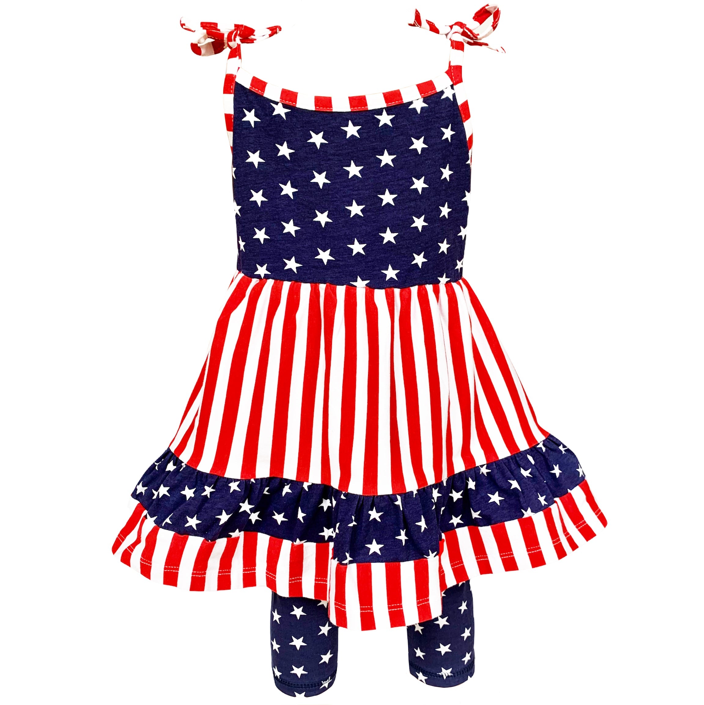 AnnLoren Girls 4th of July Stars & Striped Dress & Capri Leggings Outfit-8