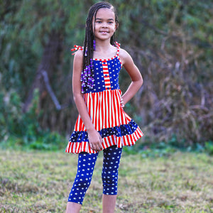 AnnLoren Girls 4th of July Stars & Striped Dress & Capri Leggings Outfit-4
