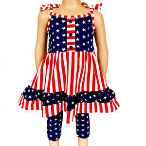 AnnLoren Girls 4th of July Stars & Striped Dress & Capri Leggings Outfit-0