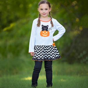 AnnLoren Girls' Halloween Orange Pumpkin and Black Cat Dress & Leggings Outfit-3