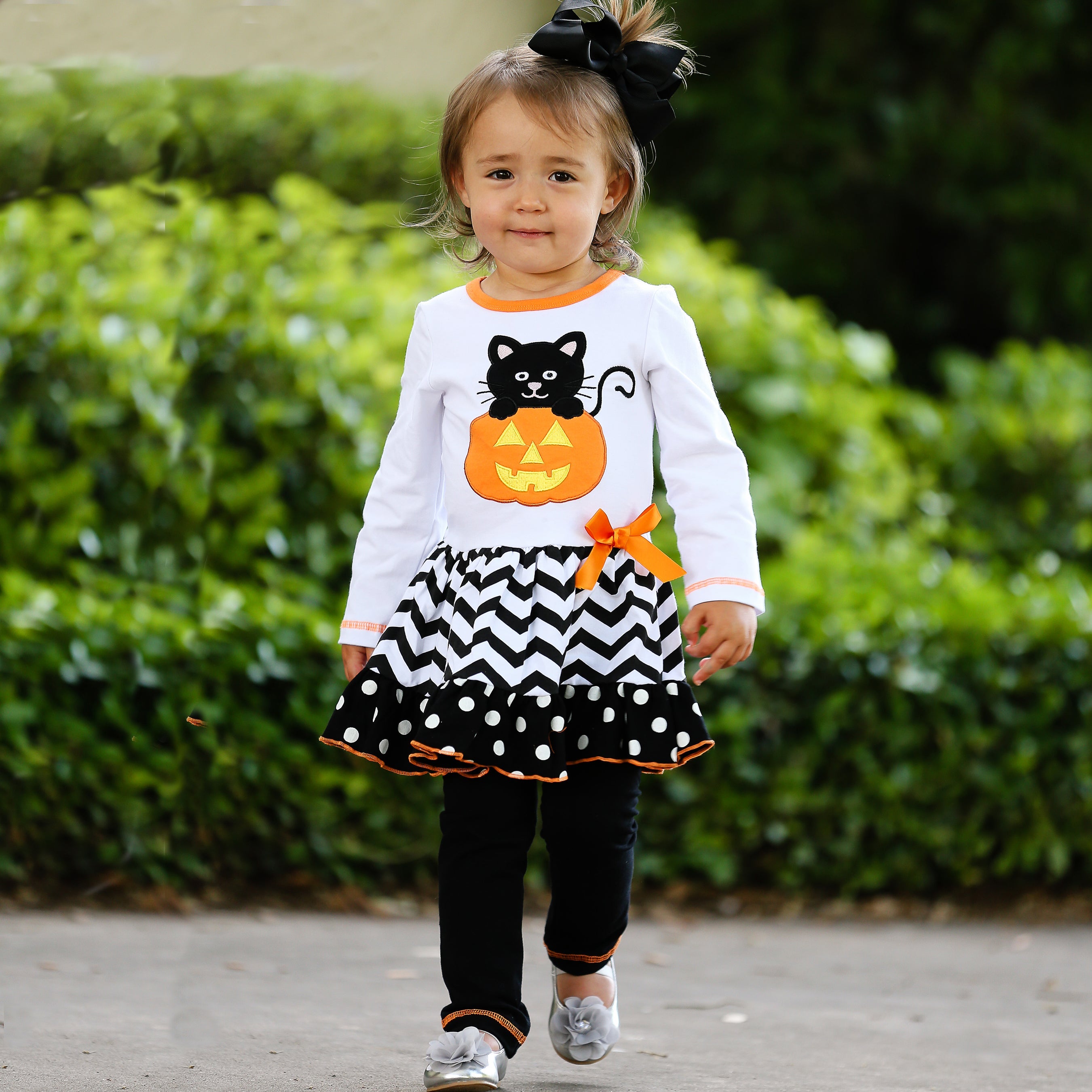 AnnLoren Girls' Halloween Orange Pumpkin and Black Cat Dress & Leggings Outfit-4