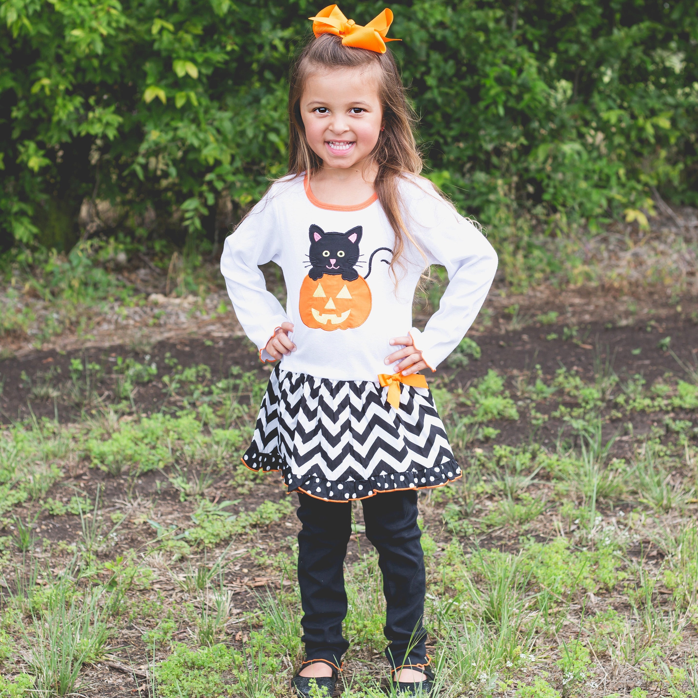 AnnLoren Girls' Halloween Orange Pumpkin and Black Cat Dress & Leggings Outfit-5