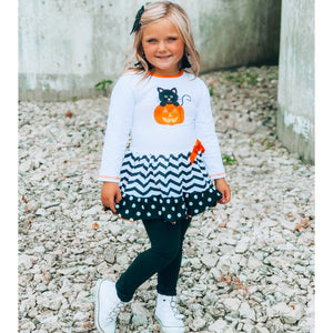 AnnLoren Girls' Halloween Orange Pumpkin and Black Cat Dress & Leggings Outfit-2