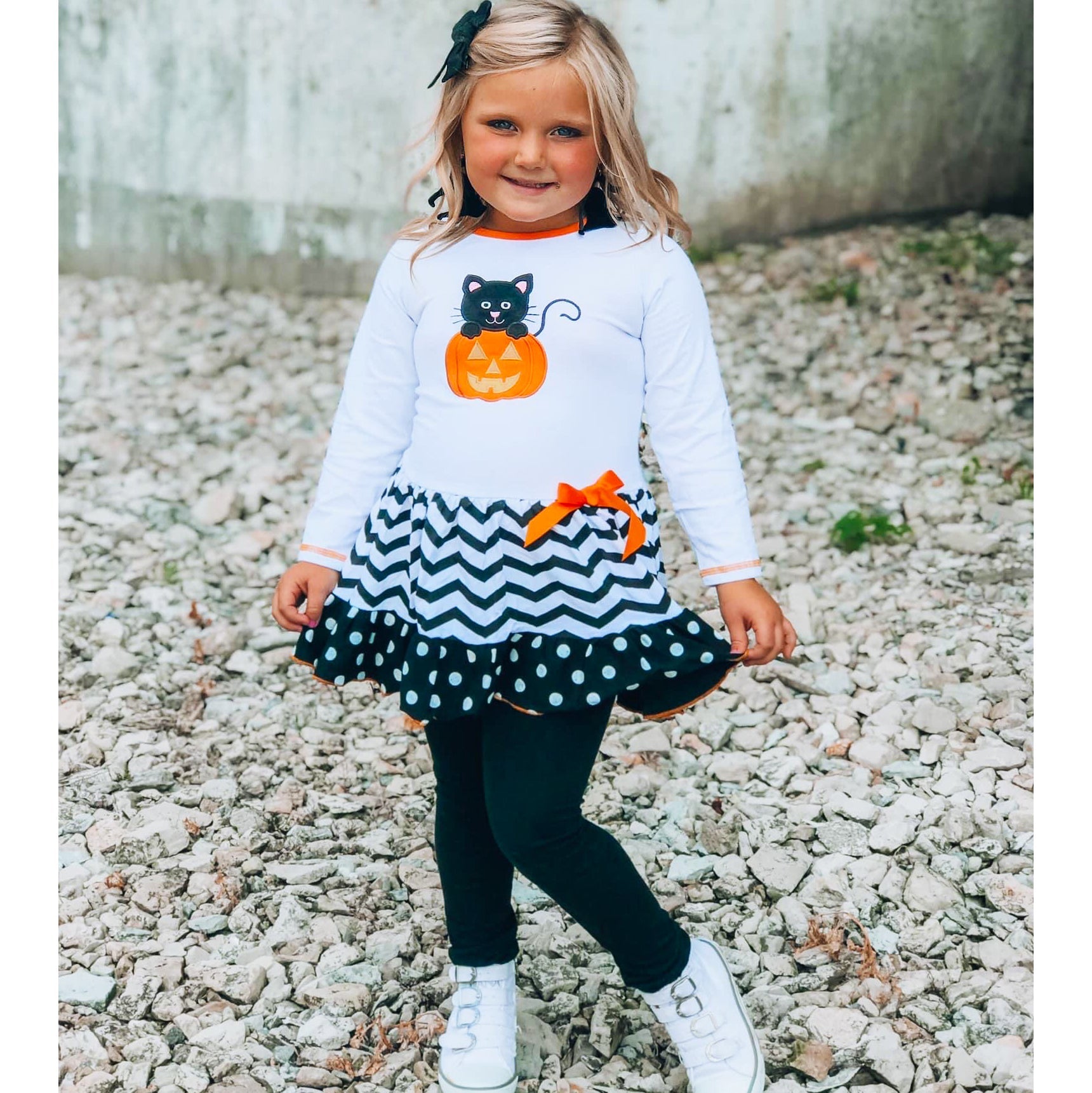 AnnLoren Girls' Halloween Orange Pumpkin and Black Cat Dress & Leggings Outfit-1