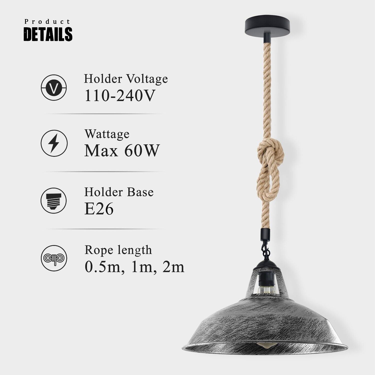 Vintage Ceiling Pendant Light Industrial Metal Hemp Rope LED Hanging Retro Lamp ~1886-3