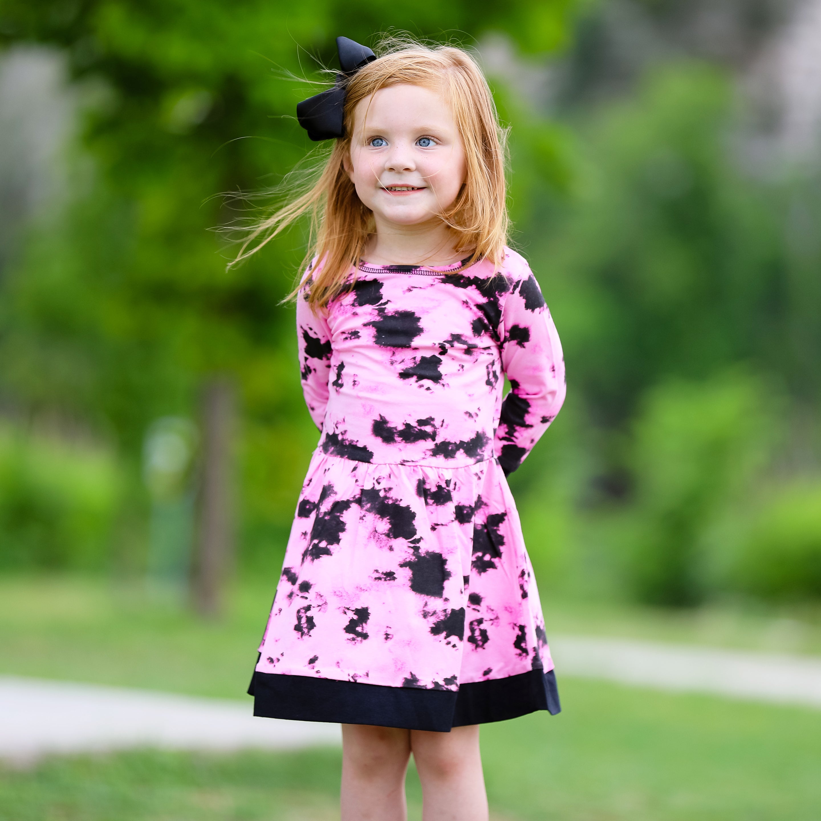 AnnLoren Girls Boutique Pink Black White Tie Dye Long Sleeve Cotton Dress-1