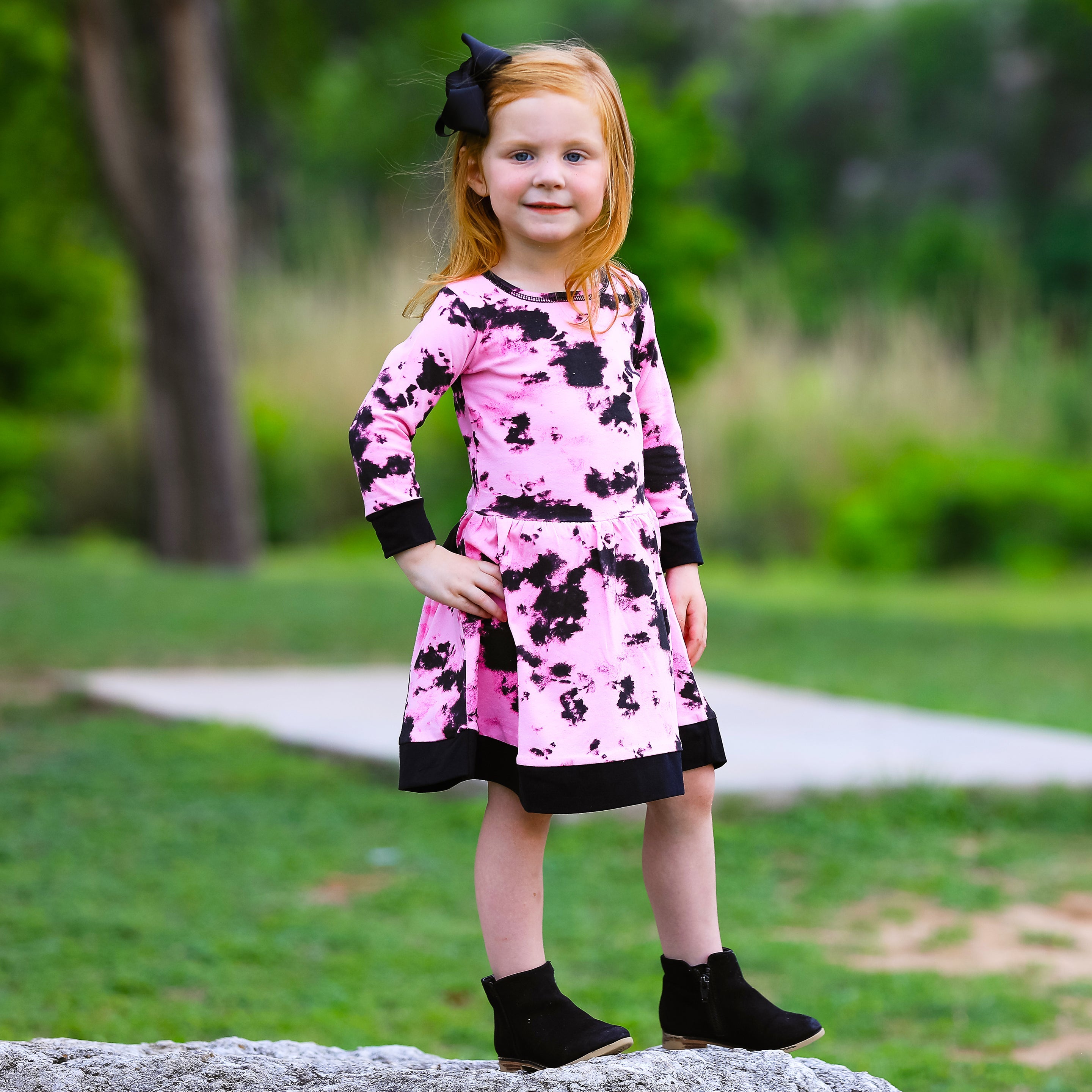 AnnLoren Girls Boutique Pink Black White Tie Dye Long Sleeve Cotton Dress-3