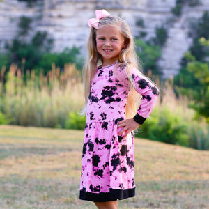 AnnLoren Girls Boutique Pink Black White Tie Dye Long Sleeve Cotton Dress-2