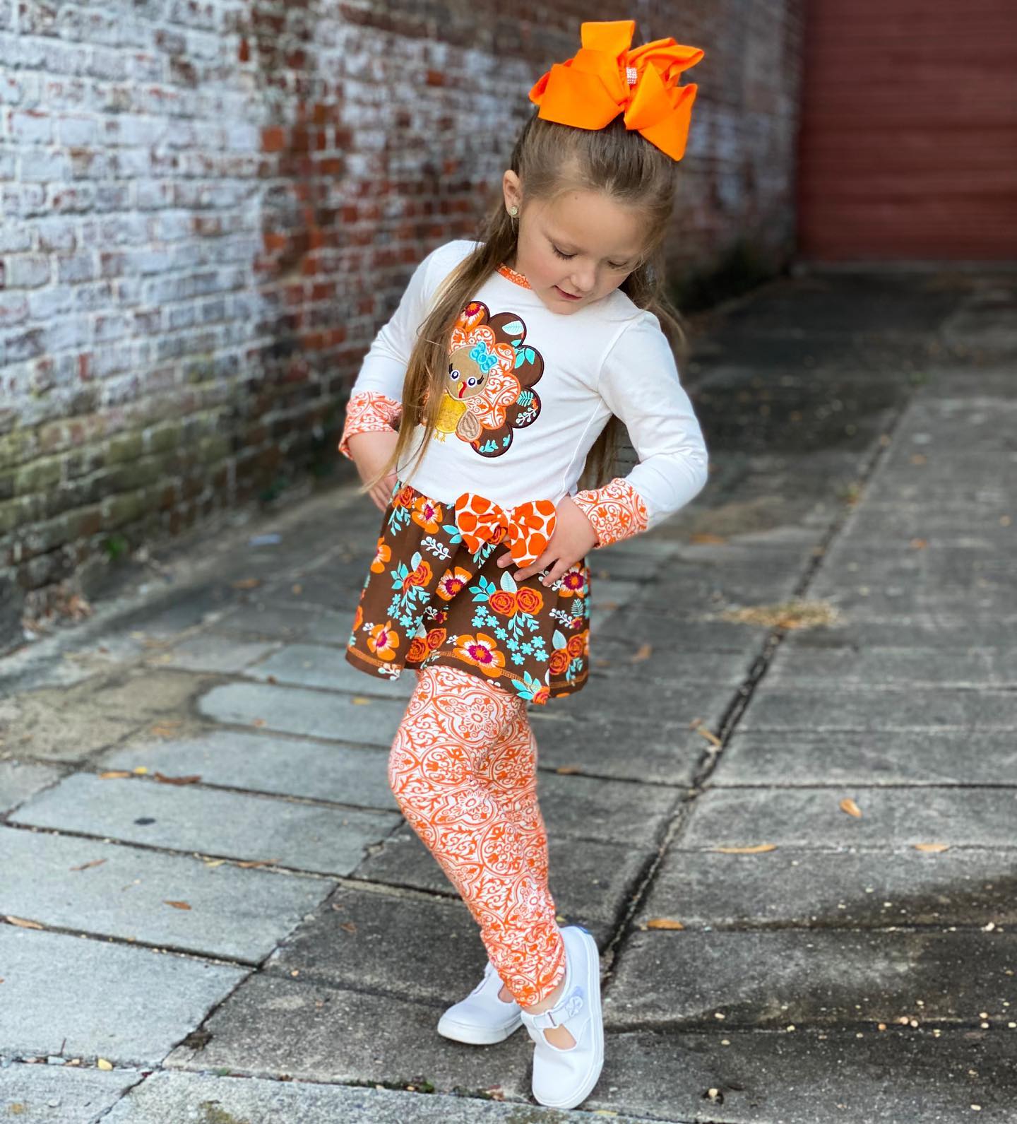 AnnLoren Big Little Girls Autumn Floral Turkey Tunic & Leggings Holiday Clothes-1