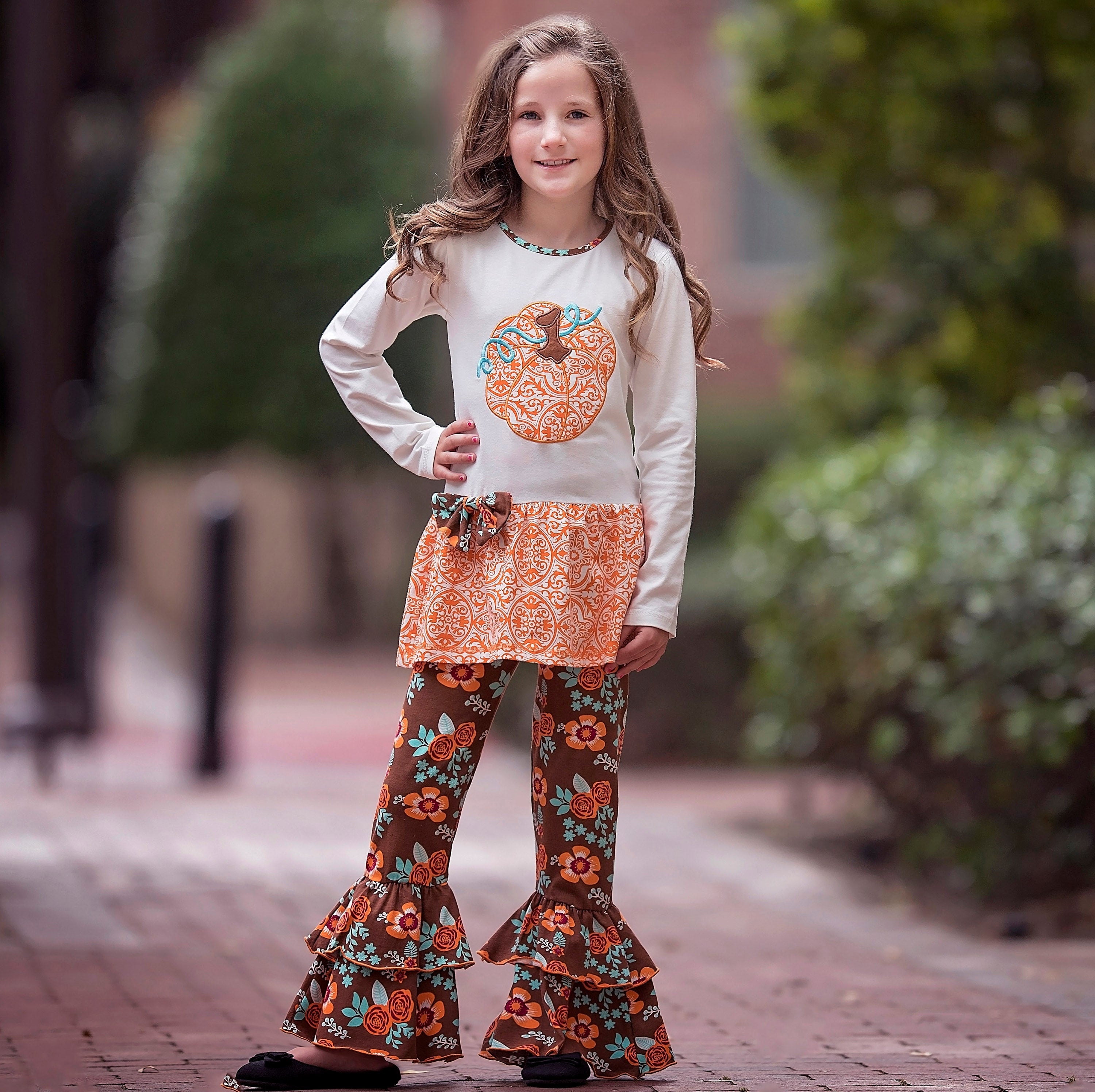 Big Girls Orange Pumpkin Autumn Floral Thanksgiving Tunic & Ruffle Pants Outfit-1