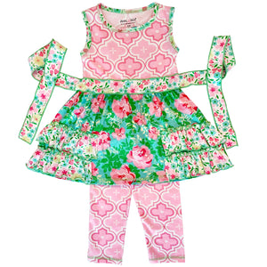AnnLoren Little Toddler Big Girls' Floral Dress Leggings Boutique Clothing Set Spring Summer-1