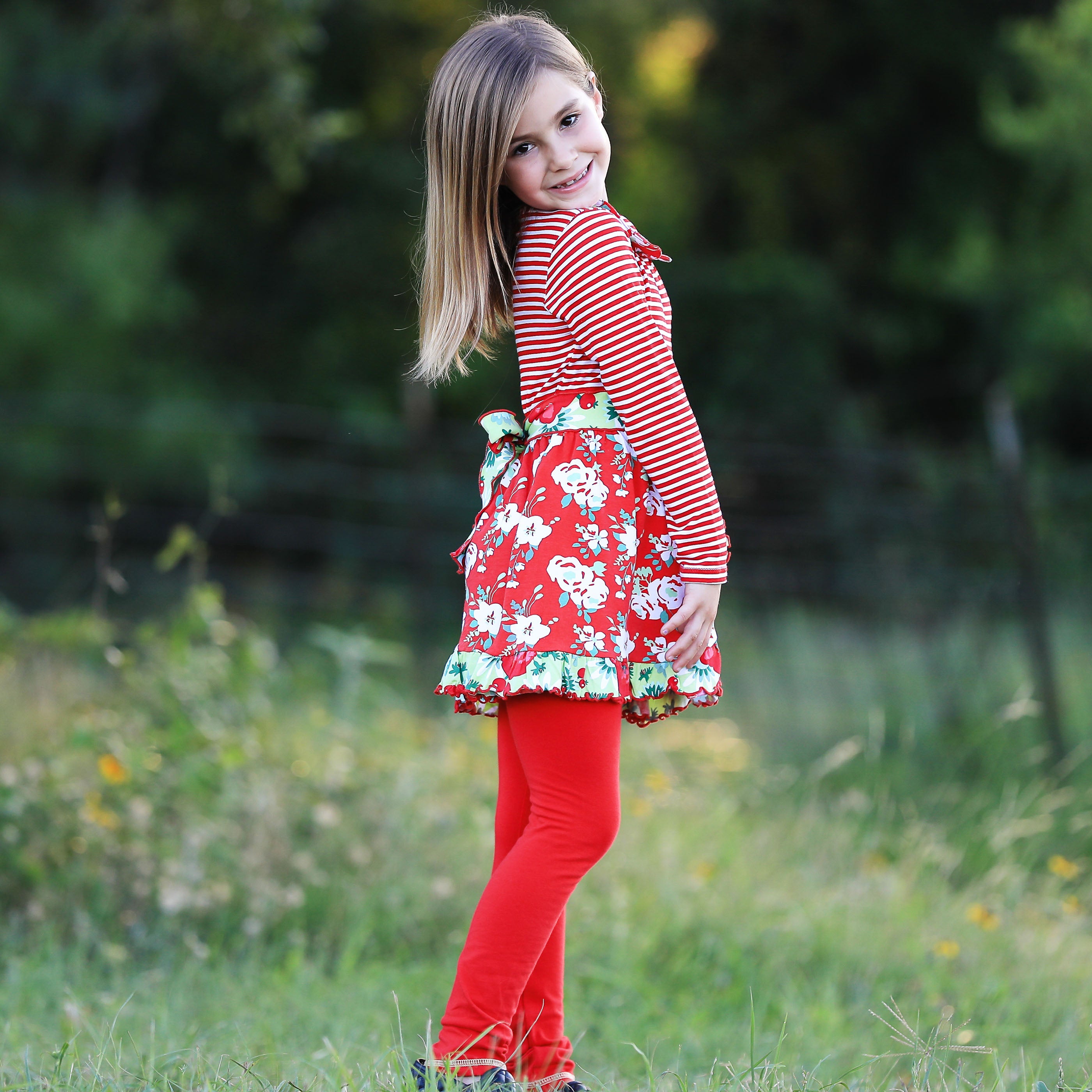 AnnLoren Little & Big Girls Boutique Red Christmas Floral Holiday Dress Legging Set-3