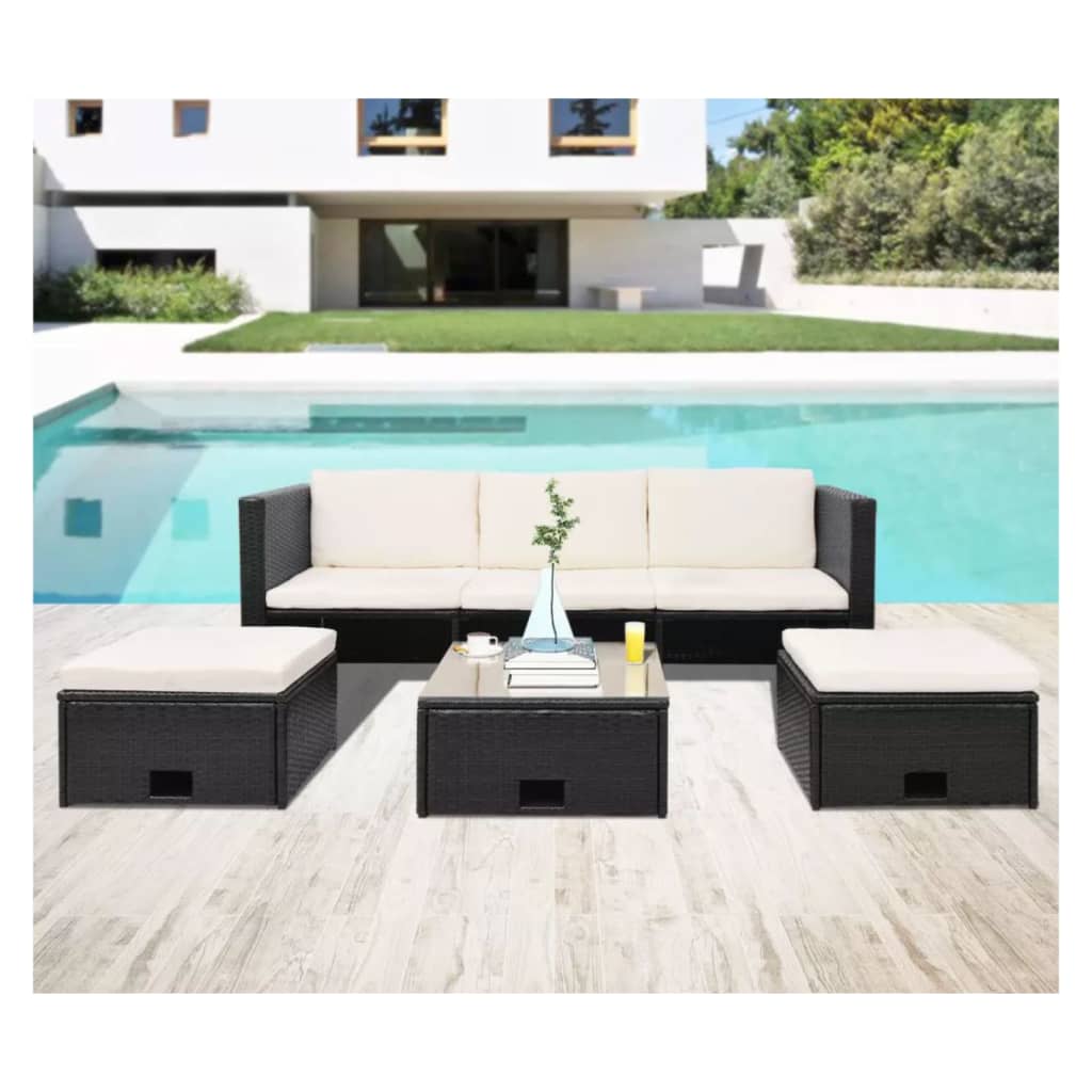 vidaXL Patio Lounge Set 4 Piece with Cushions Poly Rattan Seat Black/Brown-5