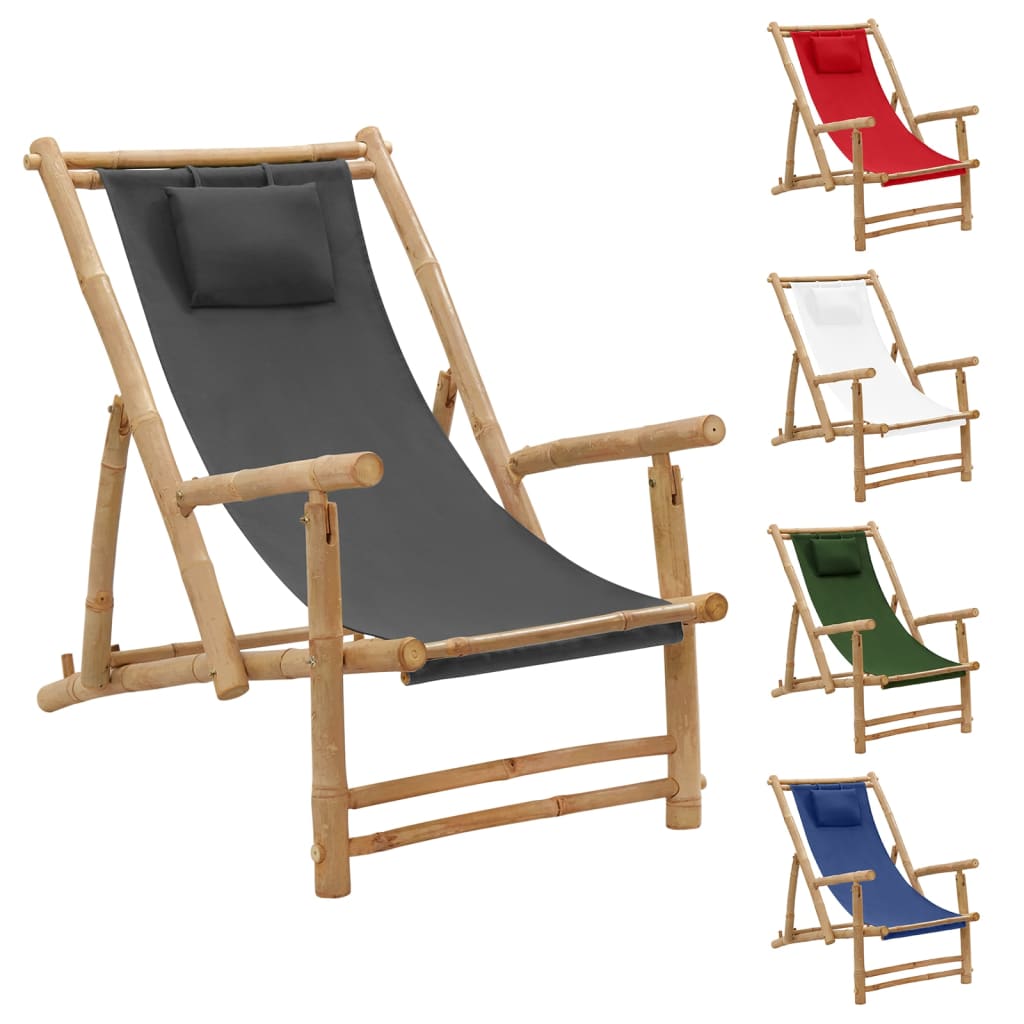 vidaXL Patio Deck Chair Sling Chair for Balcony Deck Porch Bamboo and Canvas-31