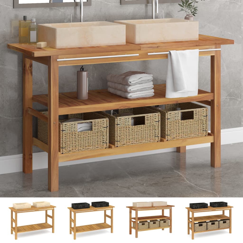 vidaXL Bathroom Vanity Cabinet with Black Marble Sinks Solid Wood Teak-3