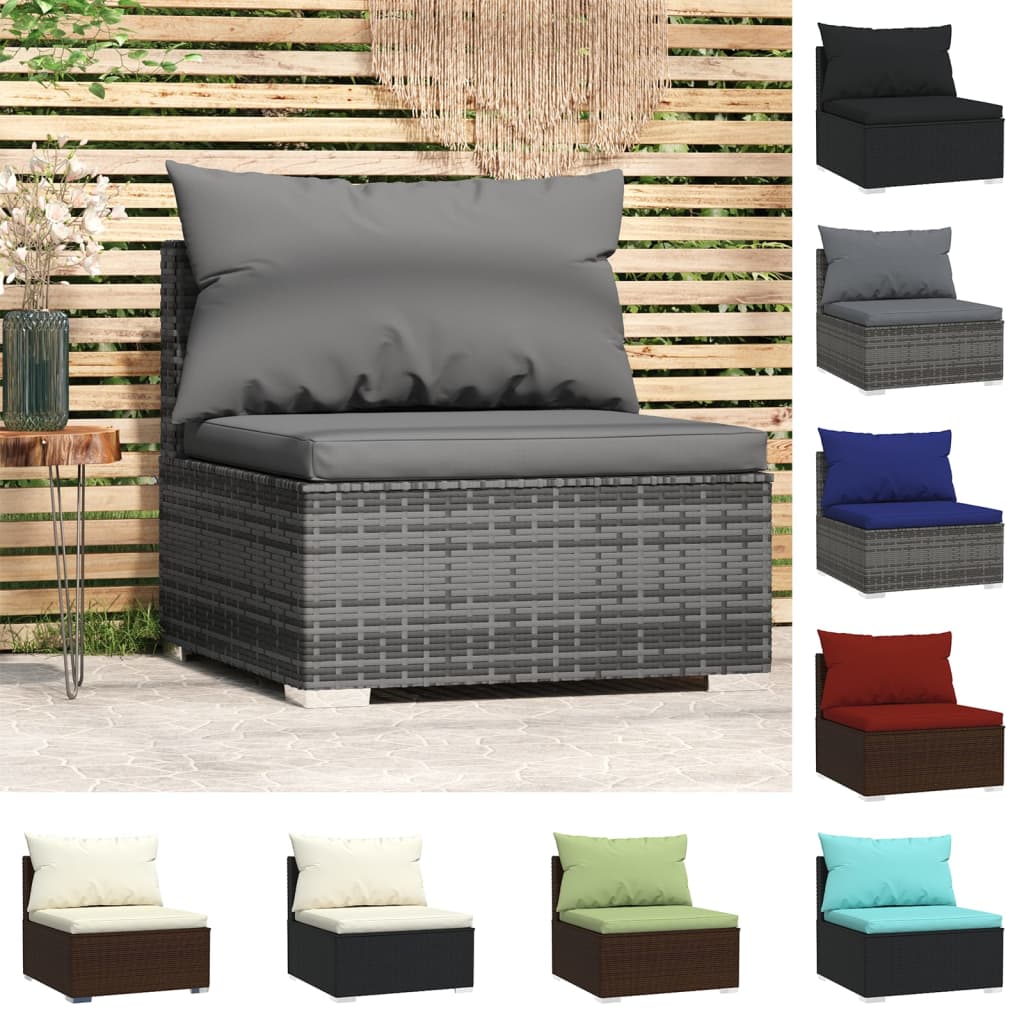 vidaXL Patio Middle Sofa with Cushions Black Poly Rattan-1