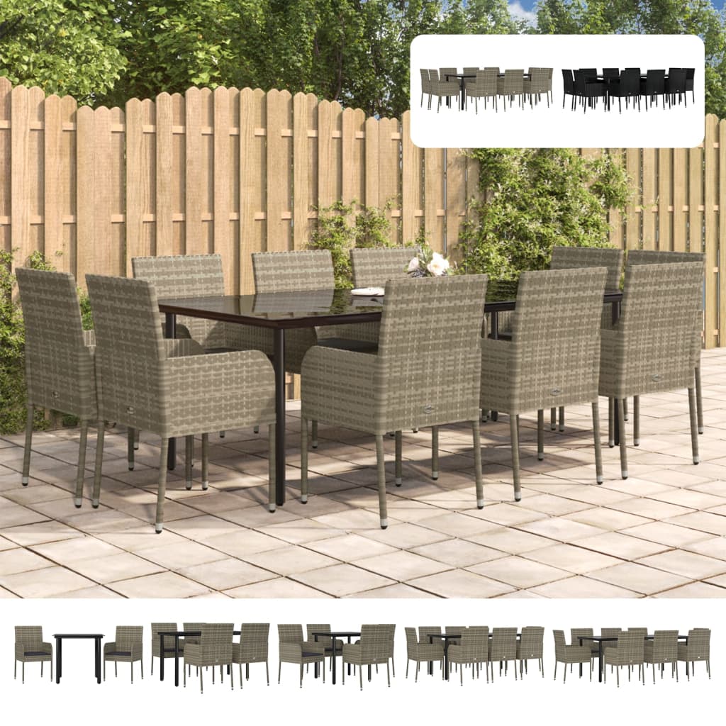 vidaXL 9 Piece Patio Dining Set with Cushions Black Poly Rattan-34