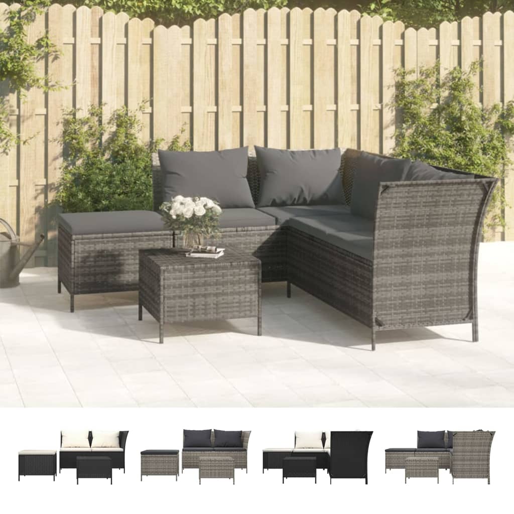 vidaXL Patio Lounge Set with Cushions Poly Rattan Sofa 3/4 Piece Black/Gray-13