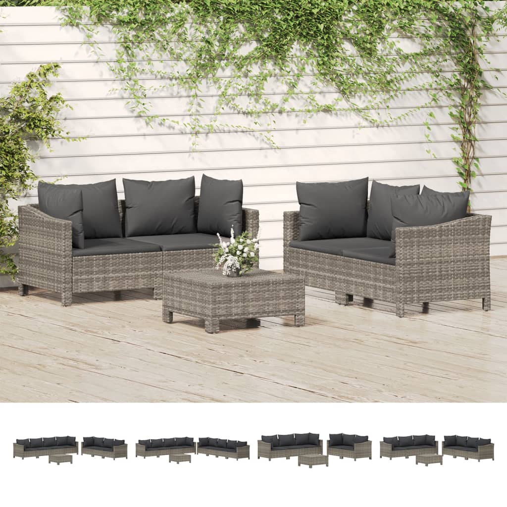 vidaXL 5 Piece Patio Lounge Set with Cushions Gray Poly Rattan-8