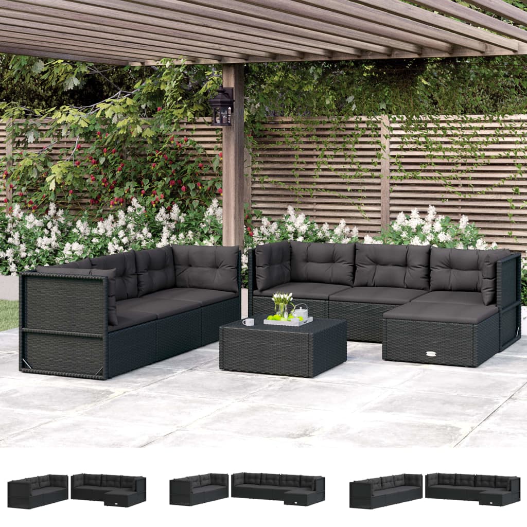 vidaXL Patio Furniture Set Sectional Sofa with Cushions Black Poly Rattan-5