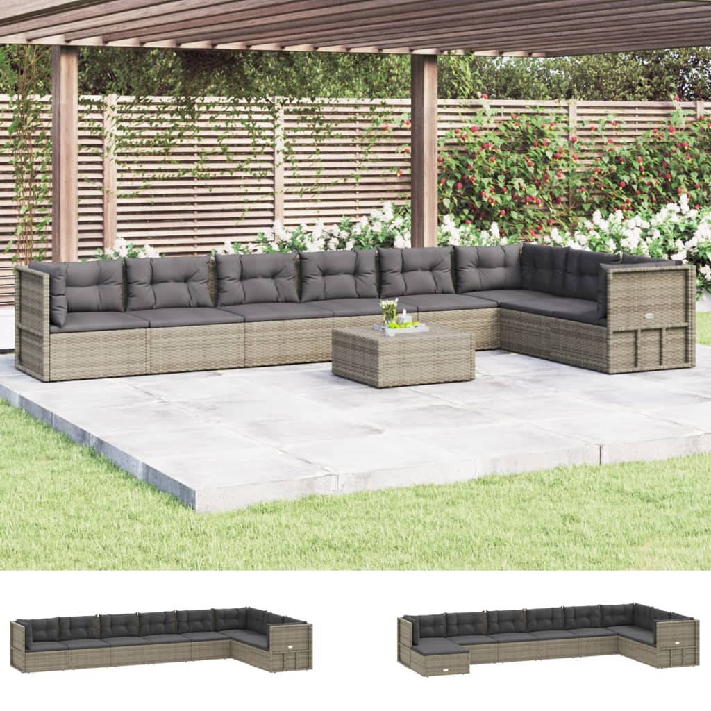 vidaXL 8 Piece Patio Lounge Set with Cushions Gray Poly Rattan-4