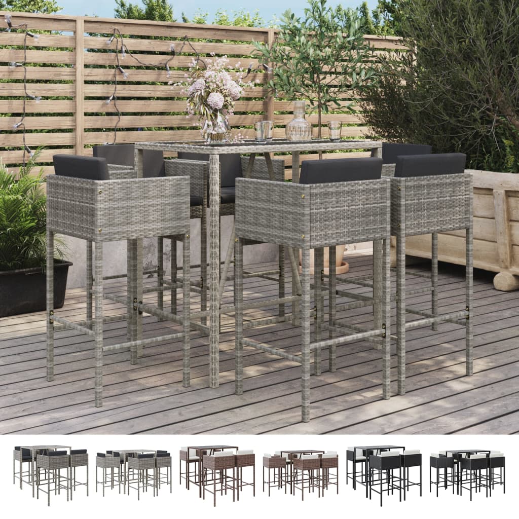 vidaXL Patio Bar Set Outdoor Wicker Table and Stool with Cushions Poly Rattan-8