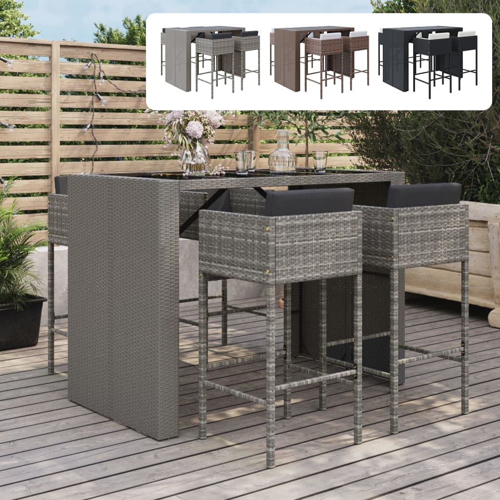 vidaXL Patio Bar Set 5 Piece Wicker Table and Stool with Cushions Poly Rattan-8