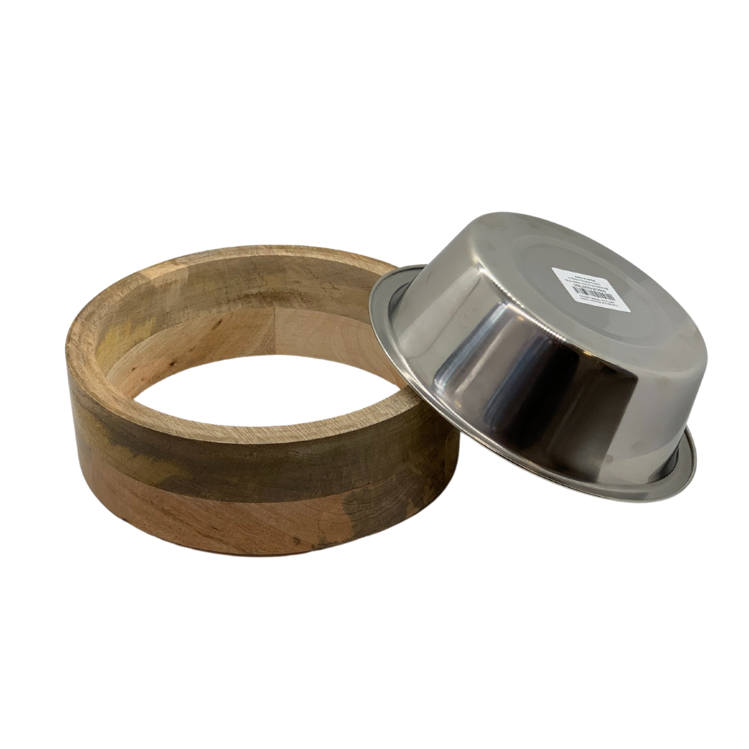 Stainless Steel Dog Bowl with Cylindrical Mango Wood Holder