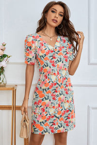 Floral Puff Sleeve V-Neck Seam Detail Dress