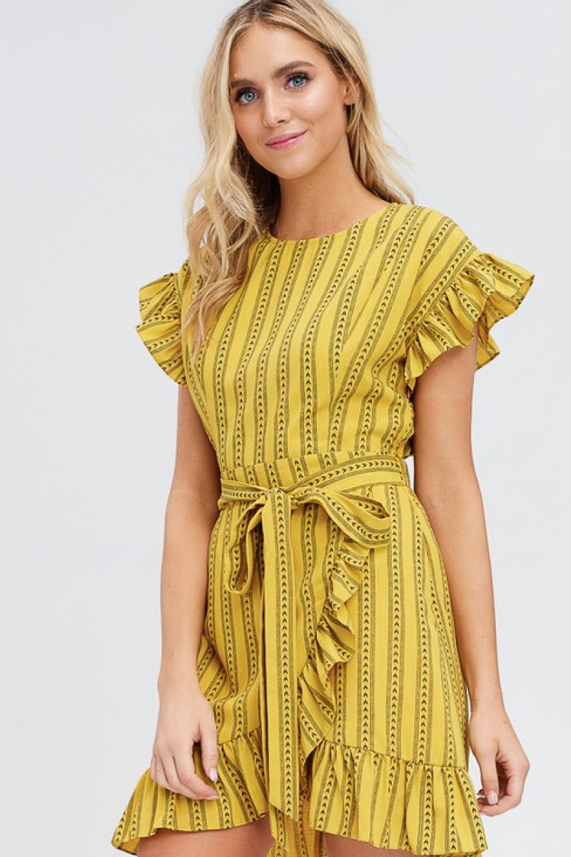 Printed Belted Ruffle Dress