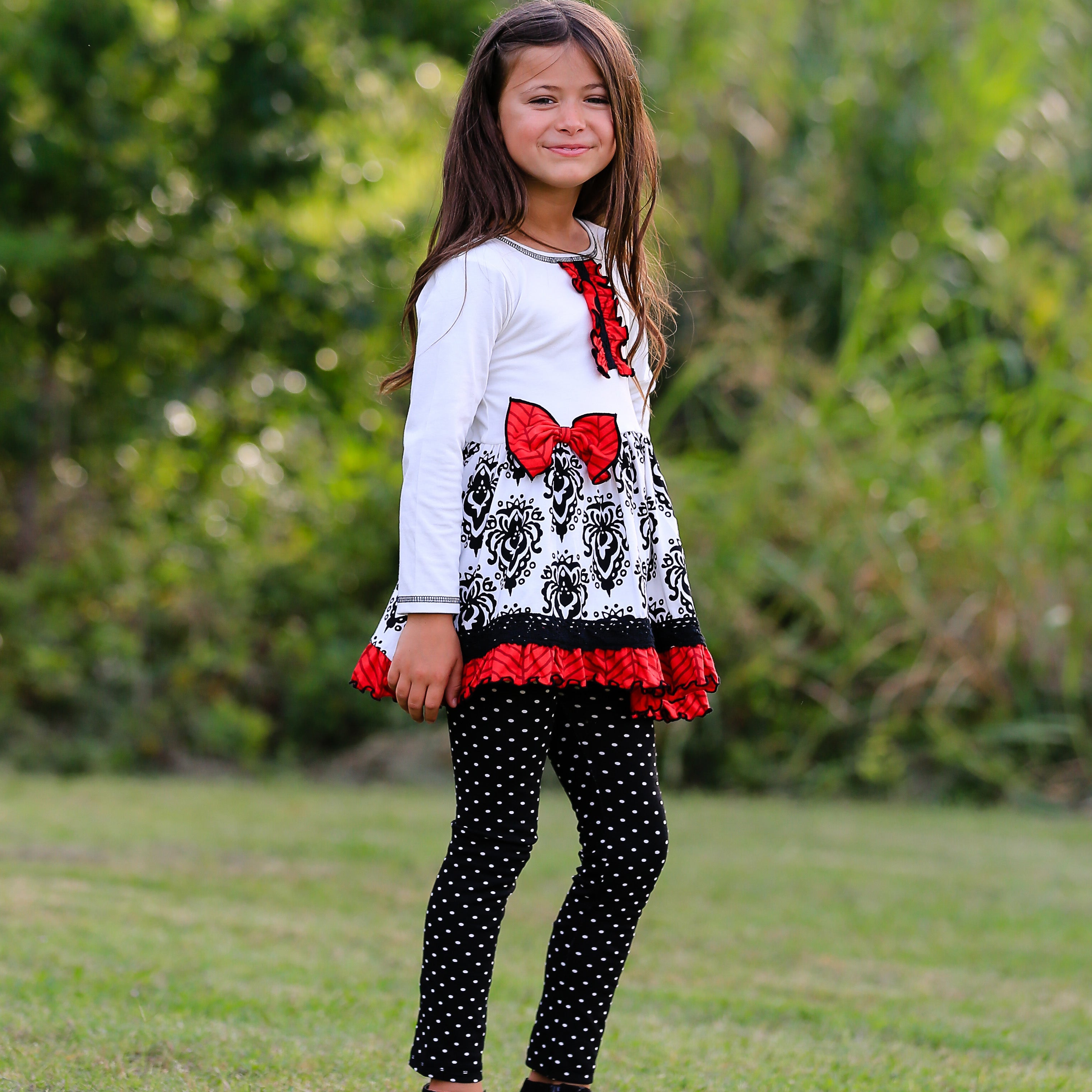 Girls Winter Damask Holiday Polka Dot Herringbone Dress Tunic & Leggings Set sz 2/3T-9/10