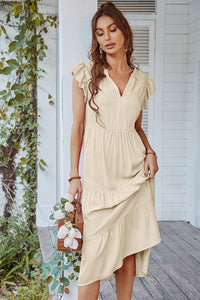 Flutter Sleeve Tiered Midi Dress