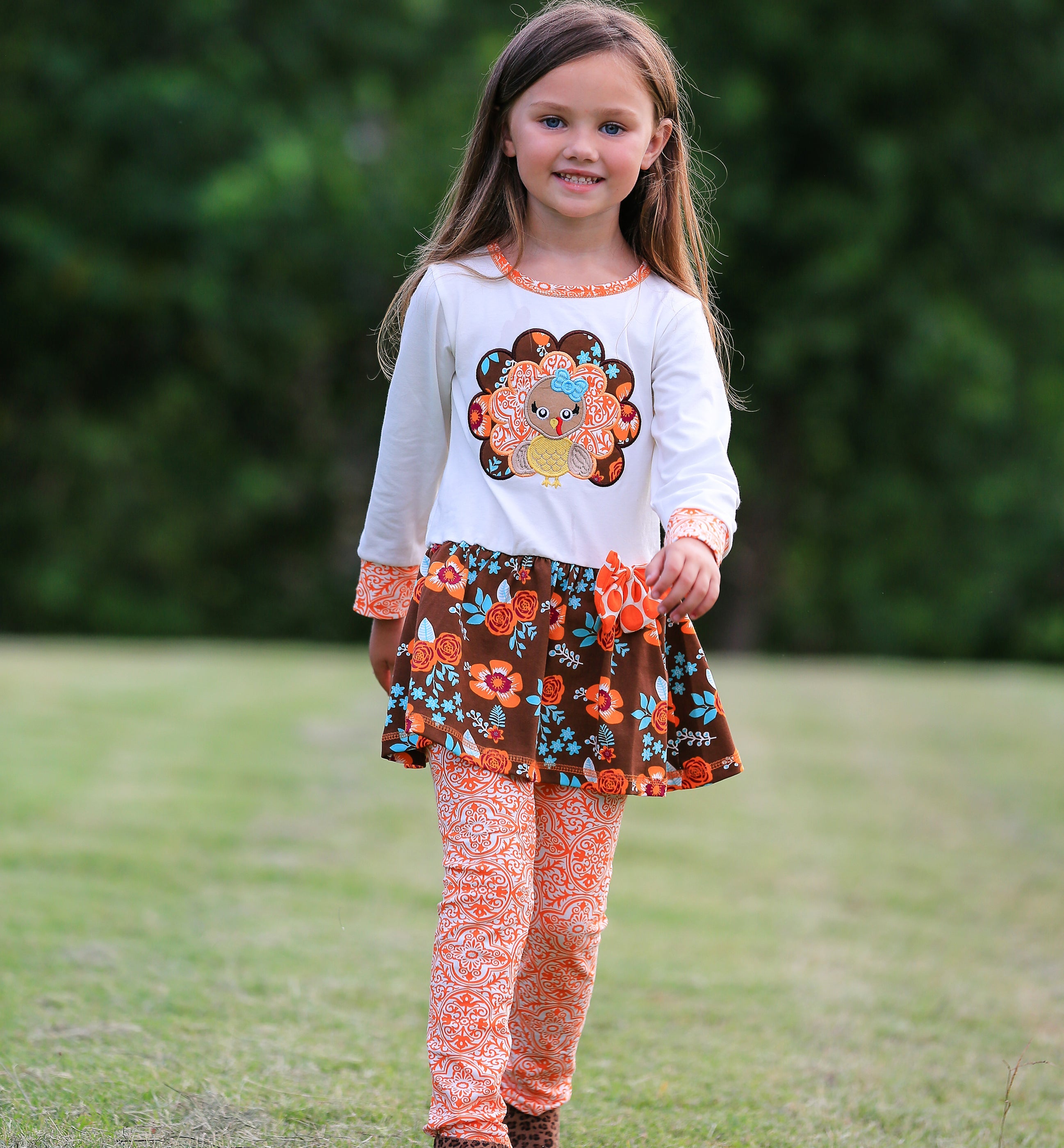 Big Little Girls Autumn Floral Turkey Tunic & Leggings Holiday Clothes