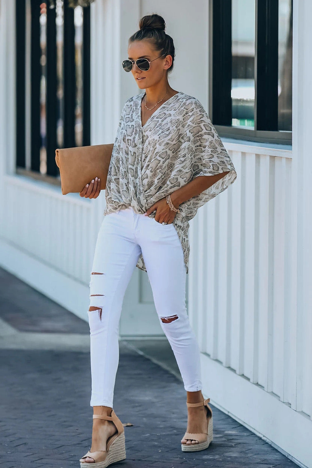 Animal Print Draped Sleeves Top