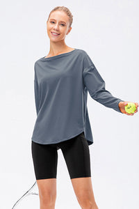 Exposed Seam Boat Neck Long Sleeve Yoga Tee