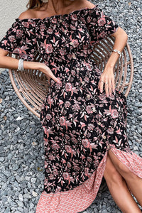 Mixed Print Button Front Off-Shoulder Tulip Hem Dress