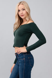 Zipper Front Off Shoulder Long Sleeve Crop Top