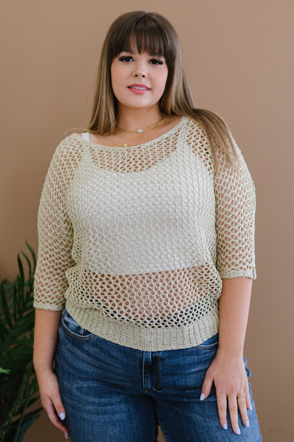 GeeGee Gracefully Golden Full Size Run Openwork Sweater - 99fab 