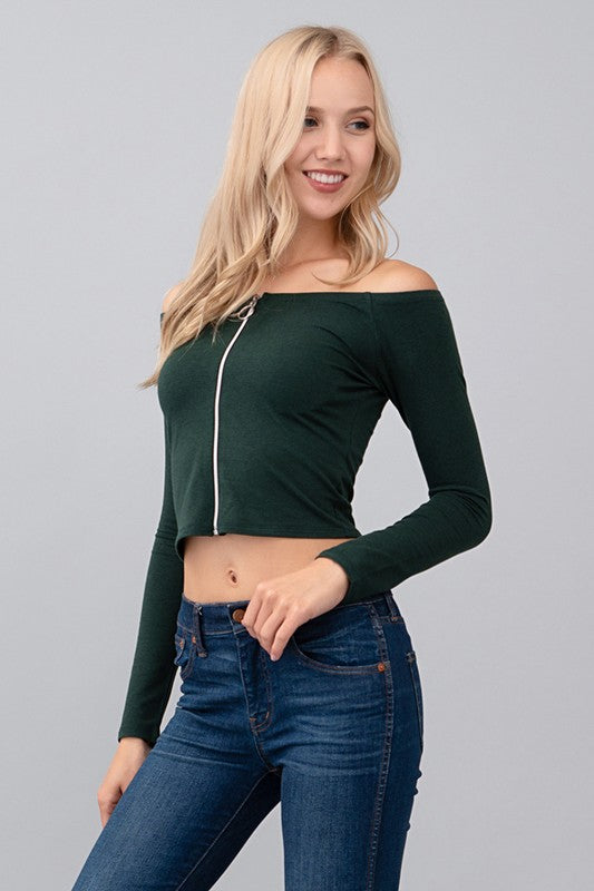 Zipper Front Off Shoulder Long Sleeve Crop Top