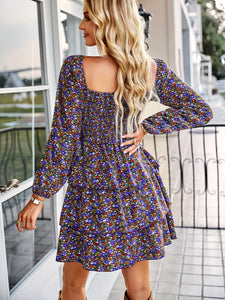 Ditsy Floral Smocked Square Neck Layered Mini Dress