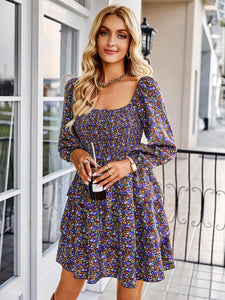 Ditsy Floral Smocked Square Neck Layered Mini Dress